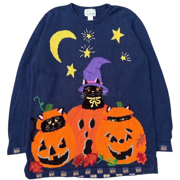 90s Quacker Factory 3D Knit Halloween Ugly Sweater Black Cat Jack-O-Lantern Lrg - Picture 1 of 5